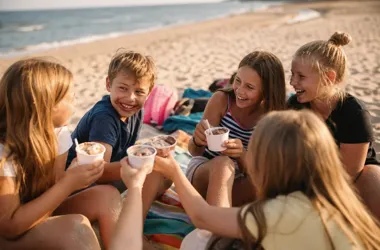 Grupa dzieci śmieje się i je lody, siedząc na kocu na plaży nad morzem.