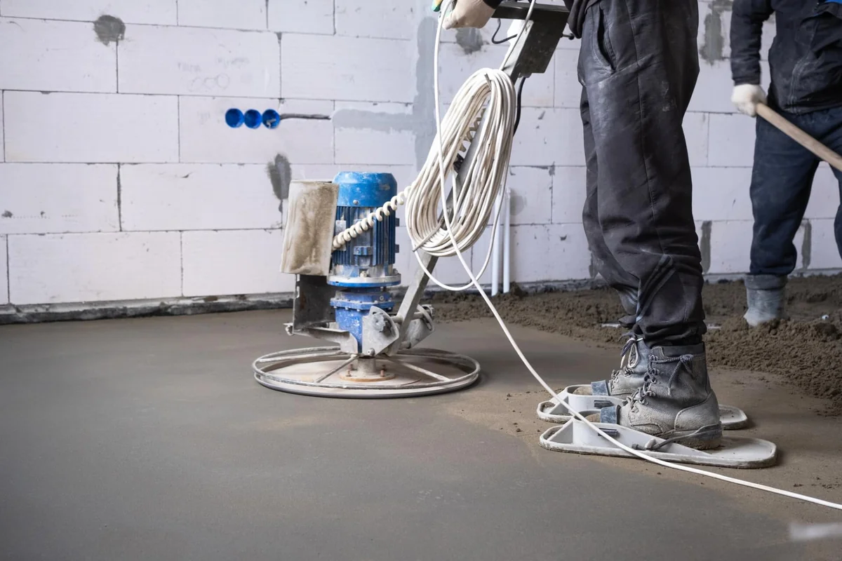 Robotnicy zacierają świeżą posadzkę betonową maszyną w niedokończonym wnętrzu.