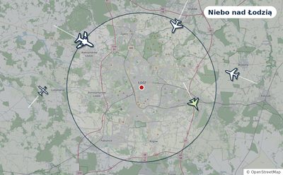 Mapa okolic miasta z sylwetkami samolotów — Niebo nad Łodzią na żywo