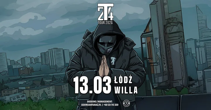 Grafika promocyjna wydarzenia 2T4 w Łodzi — koncert w Willi, 13 marca 2026