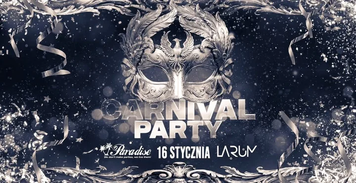 Grafika promocyjna wydarzenia Carnival Party Łódź — karnawał wenecki w Larum