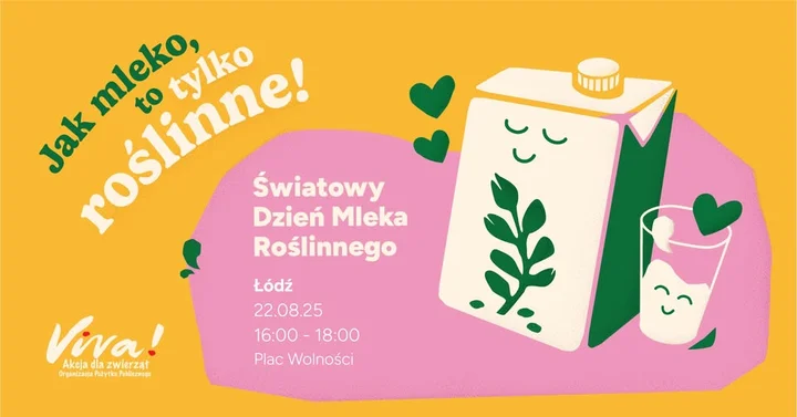 Obrazek przedstawia grafikę promocyjną wydarzenia Degustacja mleka roślinnego na Placu Wolności w Łodzi