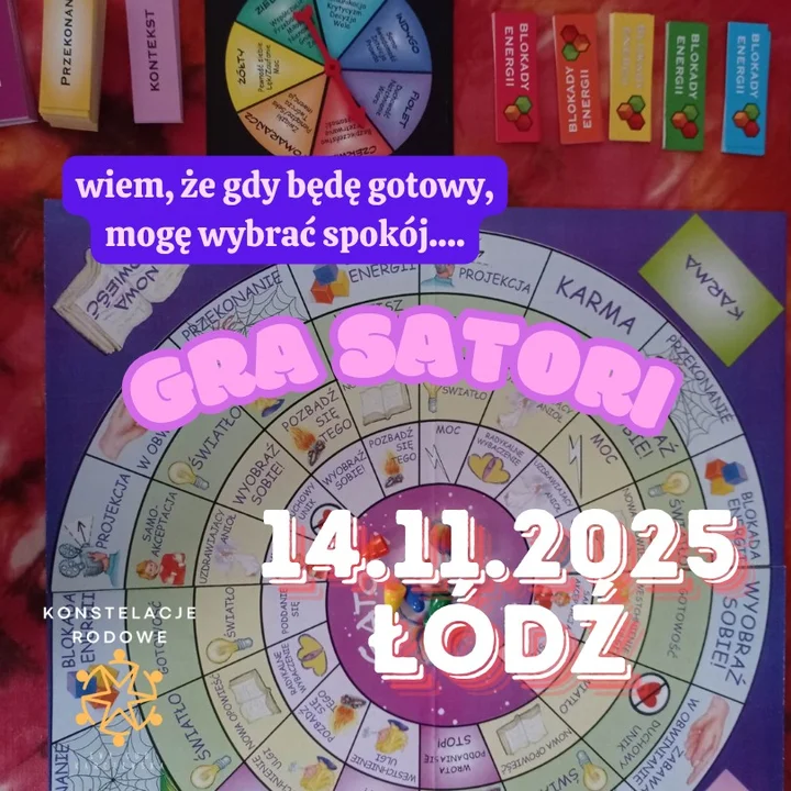 Grafika promocyjna wydarzenia SATORI – Łódź: gra Radykalnego Wybaczania (14 listopada 2025)