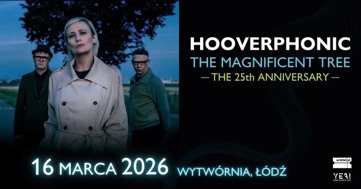 Grafika promocyjna wydarzenia Hooverphonic w Łodzi — koncert w Klubie Wytwórnia, 16 marca 2026