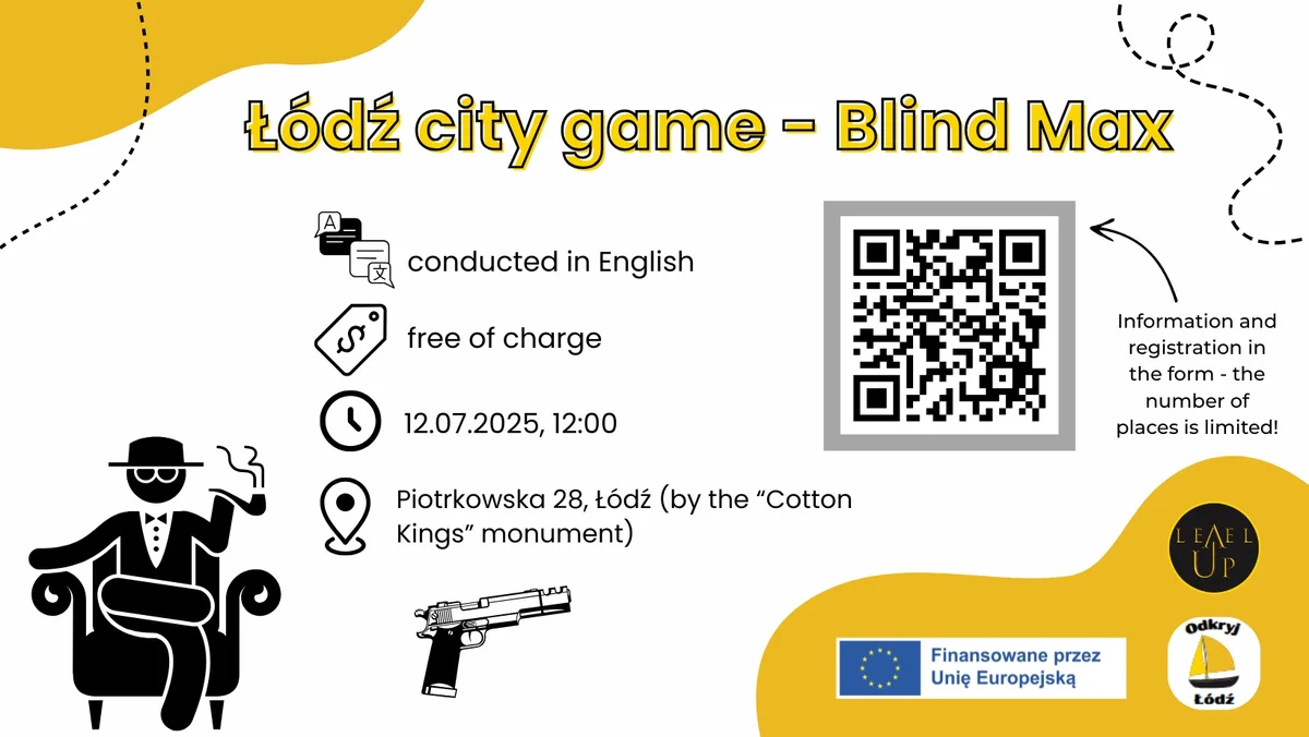 Grafika promocyjna wydarzenia Interaktywna gra miejska poświęcona postaci Blind Maxa w Łodzi