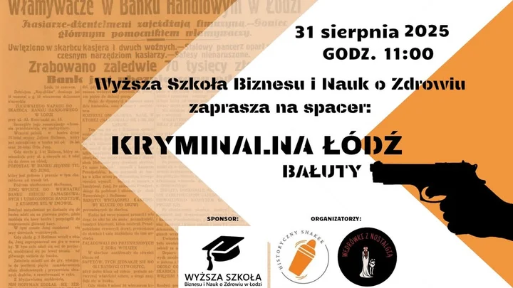 Obrazek przedstawia grafikę promocyjną wydarzenia Spacer kryminalny po Bałutach — niedziela, 31 sierpnia 2025