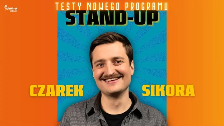 Obrazek przedstawia grafikę promocyjną wydarzenia Czarek Sikora w Łodzi — pokaz testowego materiału stand-up