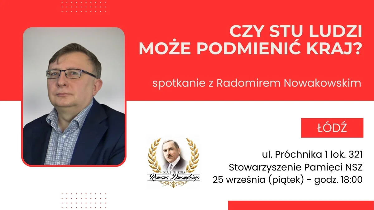Grafika promocyjna wydarzenia Czy stu ludzi może podmienić kraj? Spotkanie w Łodzi