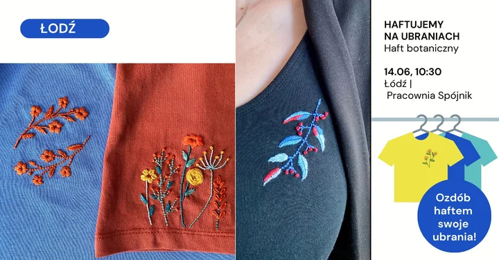 Grafika promocyjna wydarzenia Haftowanie na ubraniach w Łodzi – warsztat z Gosią Samborską w Pracowni Spójnik