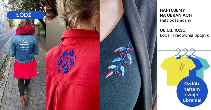 Grafika promocyjna wydarzenia Łódź: haftowanie na ubraniach — warsztat praktyczny z Gosią Samborską