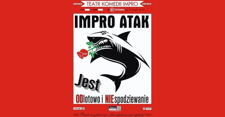 Grafika promocyjna wydarzenia IMPRO Atak! w Łodzi – improwizowany spektakl, który za każdym razem wygląda inaczej