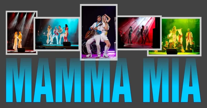 Obrazek przedstawia grafikę promocyjną wydarzenia Musicalowe widowisko „Mamma Mia” w Łodzi — koncert teatru Variete Muza