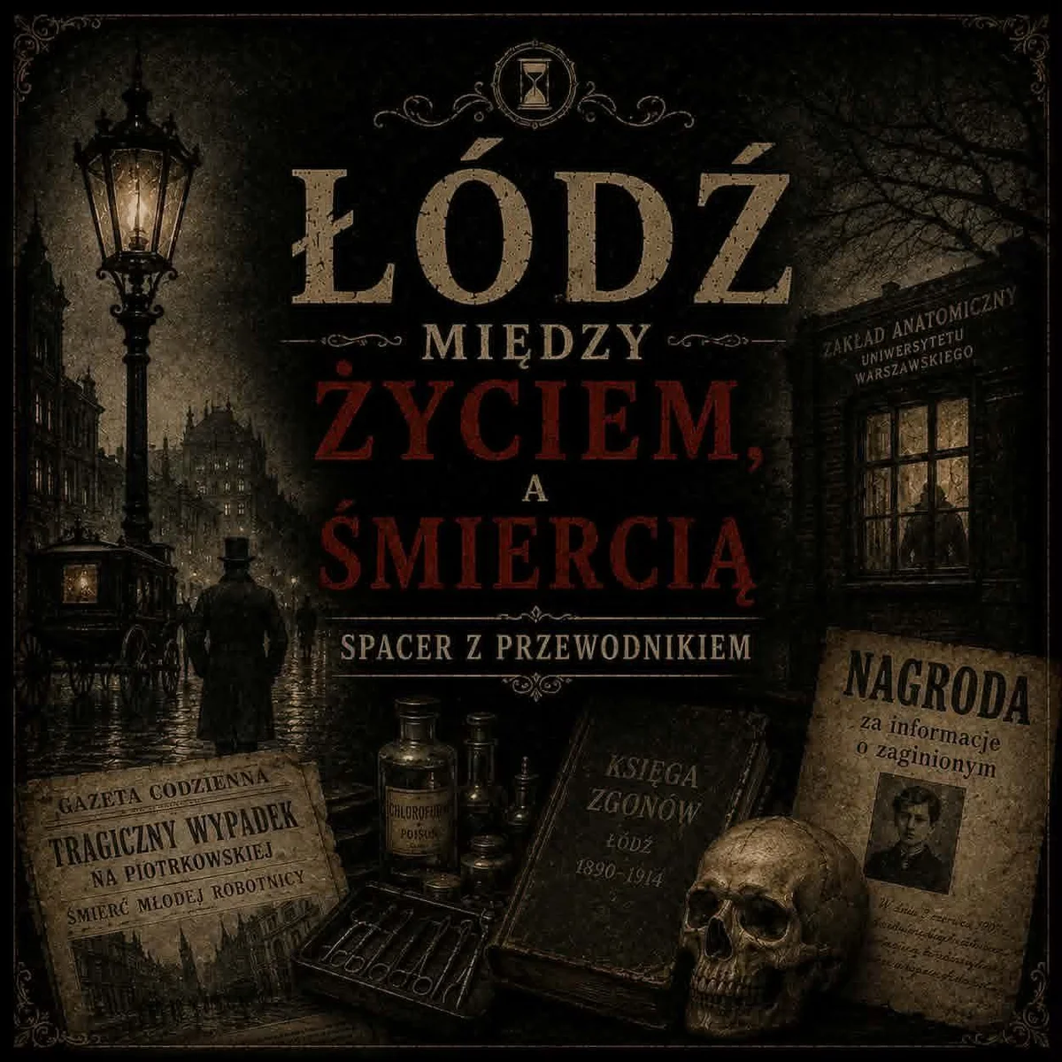Grafika promocyjna wydarzenia Łódź między życiem a śmiercią – spacer historyczny