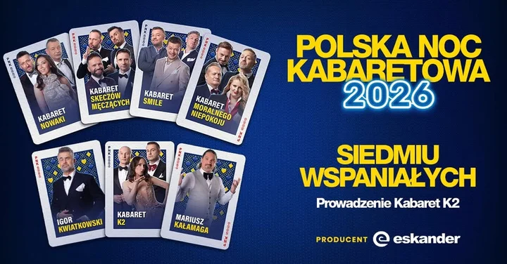 Grafika promocyjna wydarzenia Polska Noc Kabaretowa 2026 w Łodzi — Siedmiu wspaniałych na jednej scenie