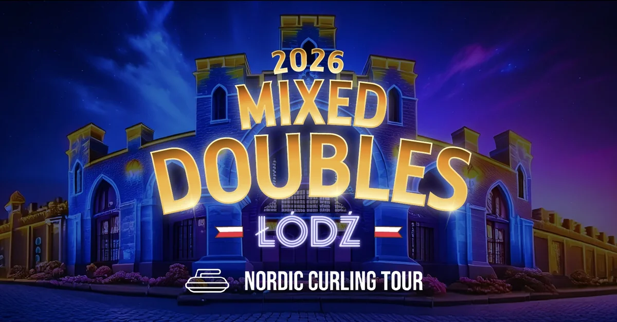 Grafika promocyjna wydarzenia Mixed Doubles Łódź 2026: międzynarodowy curling wraca do Łodzi