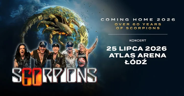 Grafika promocyjna wydarzenia Scorpions w Łodzi — koncert jubileuszowy 25 lipca 2026