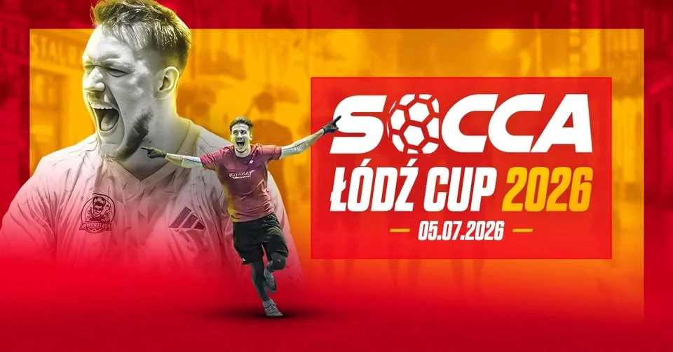 Grafika promocyjna wydarzenia SOCCA Łódź Cup 2026 w Łodzi. Turniej socca z meczami, nagrodami i nagraniami