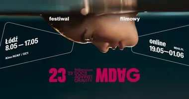Grafika promocyjna wydarzenia 23. MDAG w Łodzi. Filmowy festiwal dokumentalny wraca w maju 2026