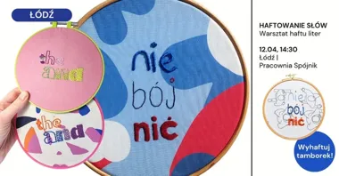 Grafika promocyjna wydarzenia Haftowanie liter w Łodzi – warsztaty w Pracowni Spójnik