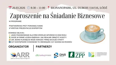 Grafika promocyjna wydarzenia Śniadanie Biznesowe Łódź — poranne spotkanie dla przedsiębiorców