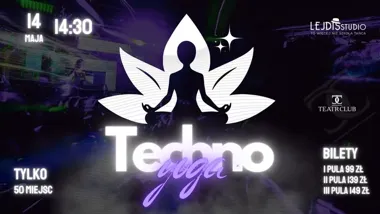 Grafika promocyjna wydarzenia Techno YOGA w Łodzi: bas, oddech i ruch w Teatr Club