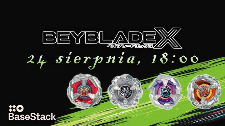Obrazek przedstawia grafikę promocyjną wydarzenia Turniej BeyBlade w Łodzi — otwarte zawody dla fanów szybkich pojedynków