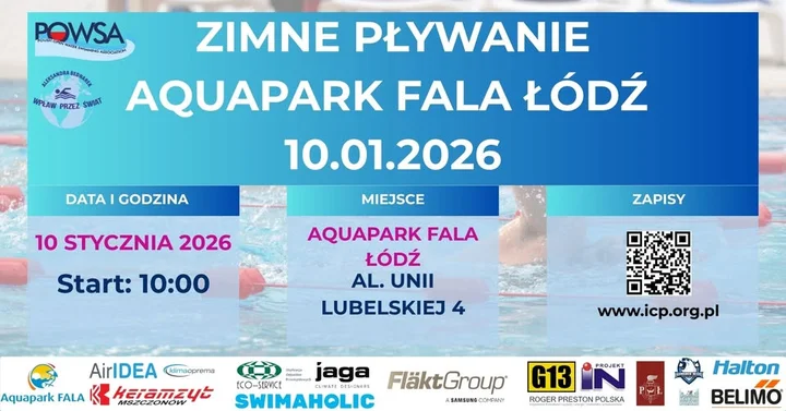Grafika promocyjna wydarzenia Zimne Pływanie Łódź 2026 — zimowe zanurzenie w Aquaparku FALA