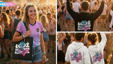 Oficjalny merch Łódź Summer Festival 2026 – koszulka piłkarska, bluza oversize i różowa torba