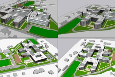 Cztery wizualizacje architektoniczne przedstawiające projekt zabudowy biurowej lub kampusowej z budynkami, zielonymi terenami i drogami.