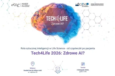 Plakat konferencji Tech4Life 2026 o roli sztucznej inteligencji w Life Science, organizowanej 3 listopada 2026 roku w DoubleTree by Hilton Łódź.